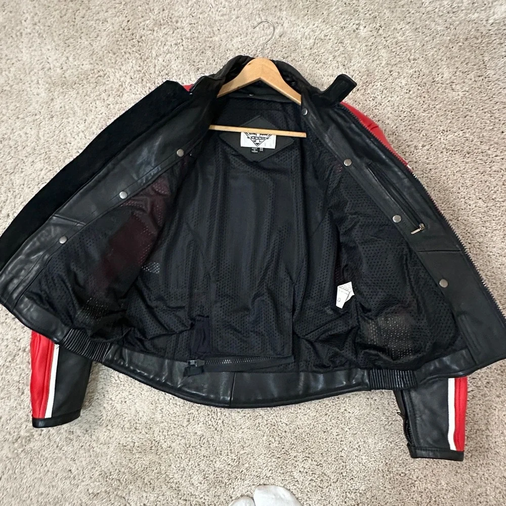 Red & Black Zigzag Lightening Strike Genuine Leather Motorcycle Jacket - Picture 5 of 12